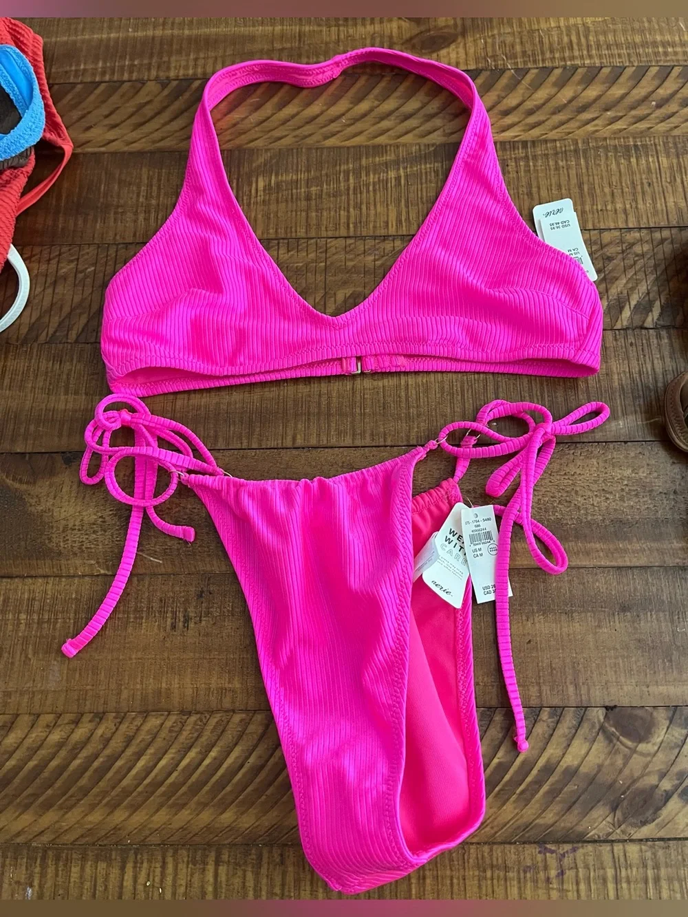 NWT Aerie FULL SET Shine Rib Halter Top + Cheekiest Strappy Bottom Miami Pink